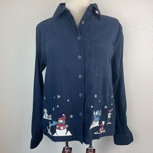 EUC Christopher & Banks Womens Button Down Blue Snowman Shirt Size S